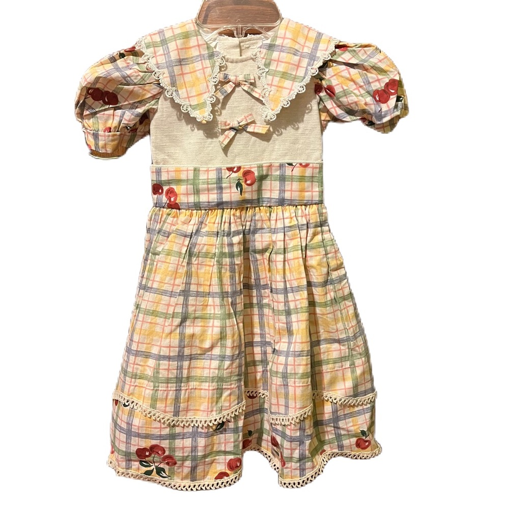 Vintage Plaid 100% Cotton Dress with Cherry Print and Lace Trim